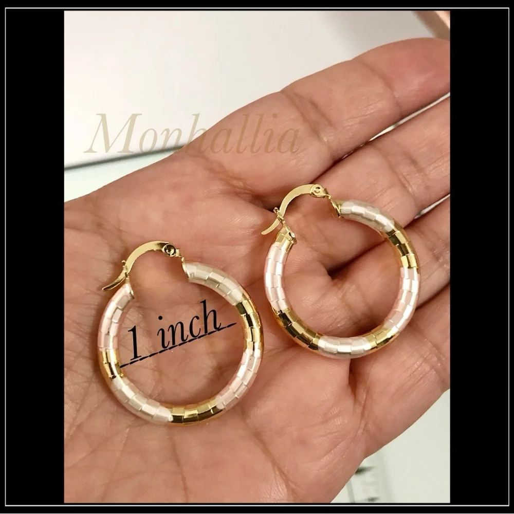 NEW 14K GOLD SILVER & ROSE GOLD TRI COLOR FOIL HOOP TEXTURED EARRINGS